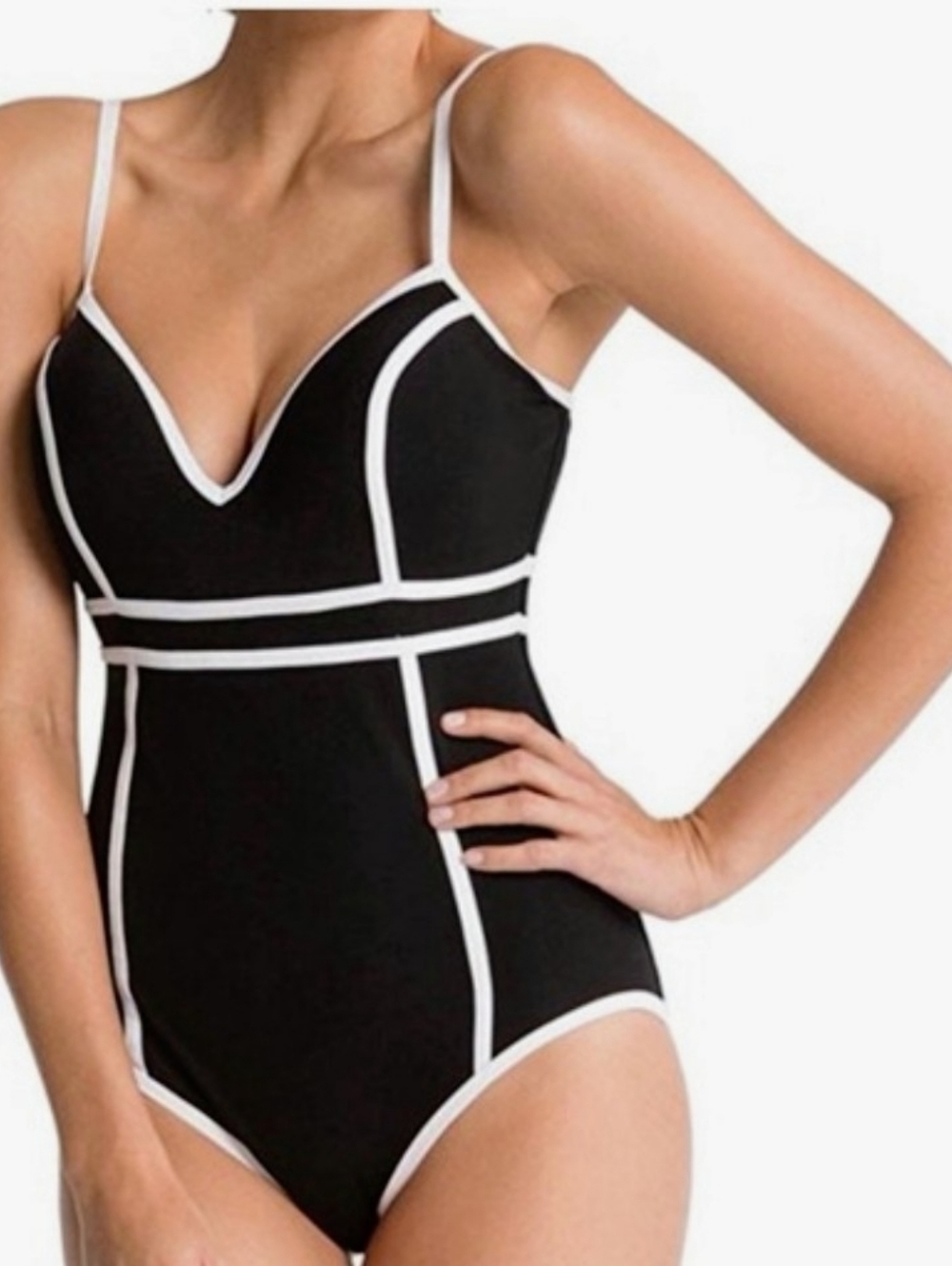 SPANX One Piece Swimsuit Size 10 Black Teal Trim Sculpting Tummy Control Padded